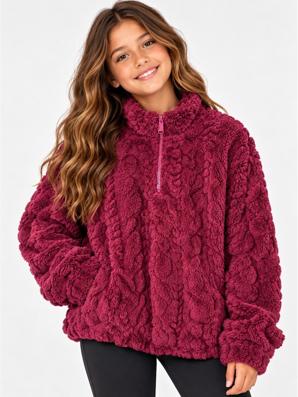Thereabouts Girls 2XL 20.5 Burgundy Faux Fur Sherpa Quarter Zip Pullover NWT